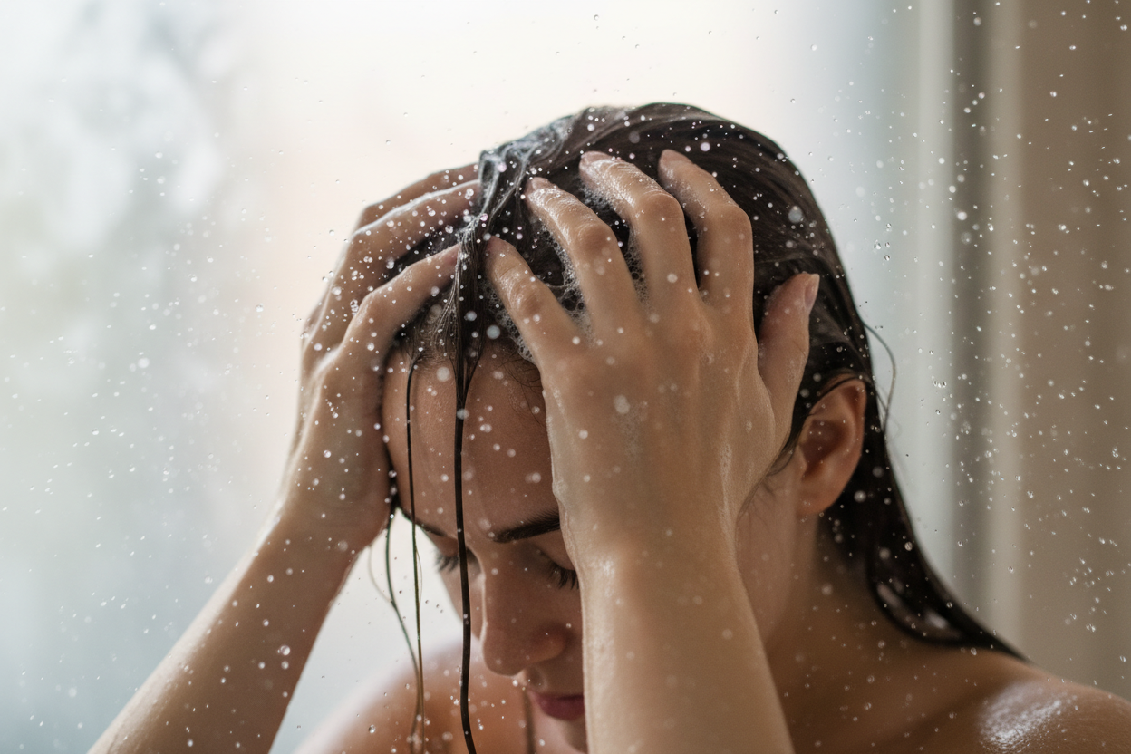 only put the woman washing her hair in shower. a close up 